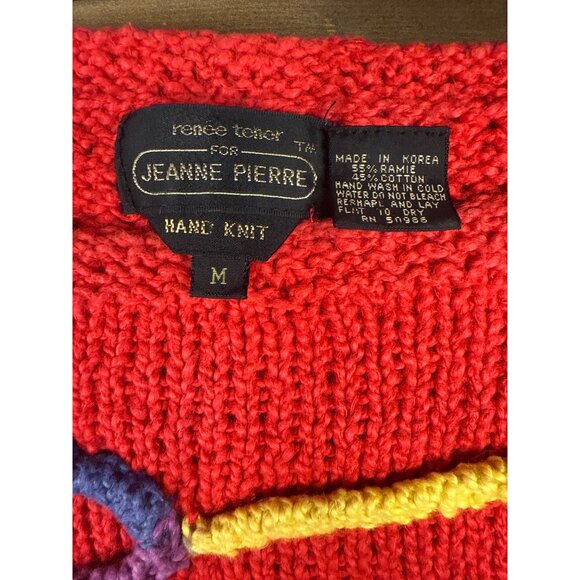 Vintage Jeanne Pierre Hand Knit Red Sweater With Multicolor Abstract Design M - Picture 6 of 6